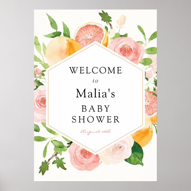 Pink Citrus Floral Baby Shower Welcome Sign (Front)