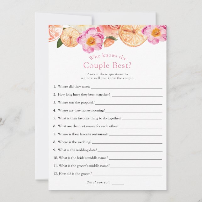 Pink Citrus  He Said, She Said Bridal Shower Game Invitation (Front)