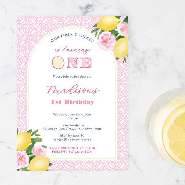 Pink Citrus Main Squeeze Girl's 1st Birthday Party Invitation (Girly pretty pink Main Squeeze 1st birthday party invitations for a little girl with lemons)