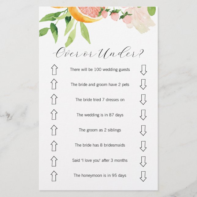 Pink Citrus Over or Under Bridal Shower Game  Flyer (Front)