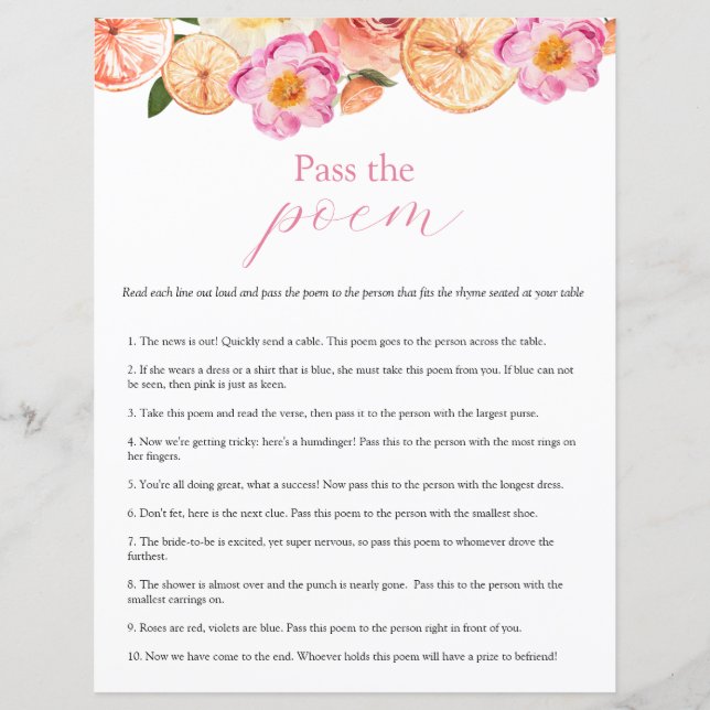 Pink Citrus Pass the Poem Bridal Shower game (Front)