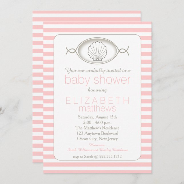 Pink Clamshell Striped Beach Theme Baby Shower Inv Invitation (Front/Back)