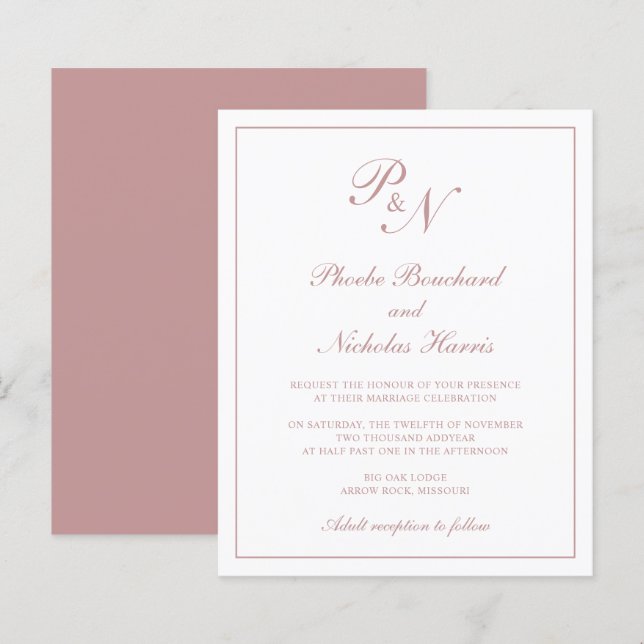 Pink Classic Elegant Budget Wedding Invitation (Front/Back)