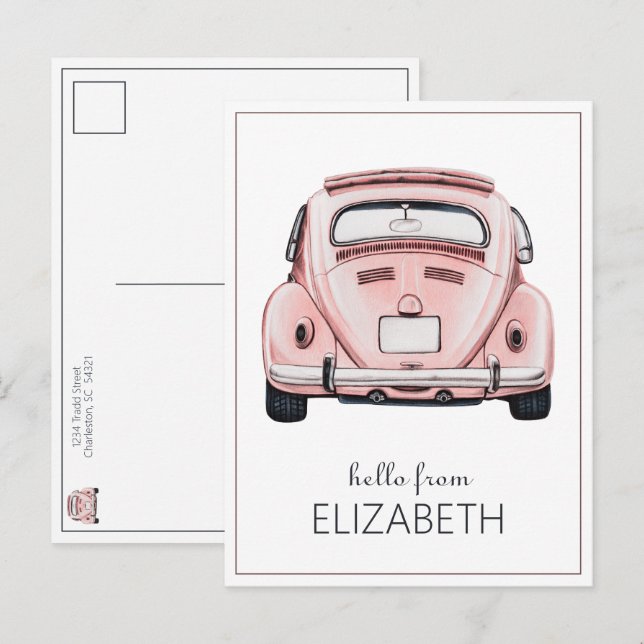 Pink Classic Vintage Buggy Bug Car Personalised Postcard (Front/Back)