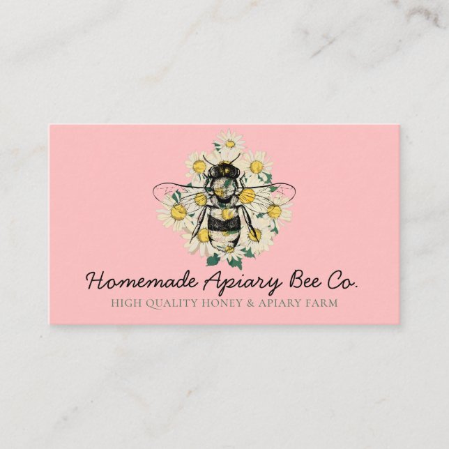Pink Classy Heart Daisy Flowers Apiary Honey Bee Business Card (Front)