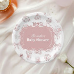 Pink Clothes Toile De Jouy  Baby Shower Paper Plate<br><div class="desc">Add a touch of elegance to your baby shower with our Toile De Jouy Bow Baby Shower Paper Plates. Designed with the classic and intricate Toile De Jouy pattern, these plates feature charming pastoral scenes that embody timeless sophistication and charm. The delicate bow accent enhances the design, making these plates...</div>