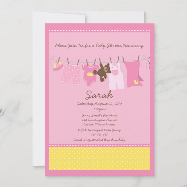 Pink Clothesline Baby Shower Invitation (Front)
