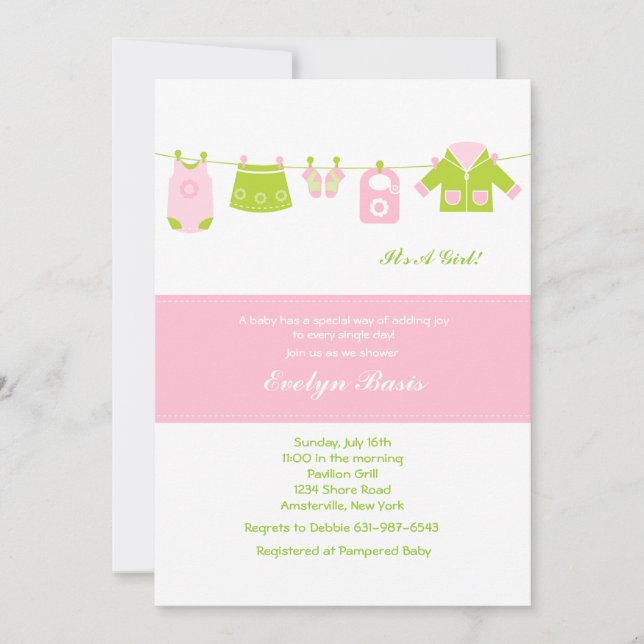 Pink Clothesline Baby Shower Invitation (Front)