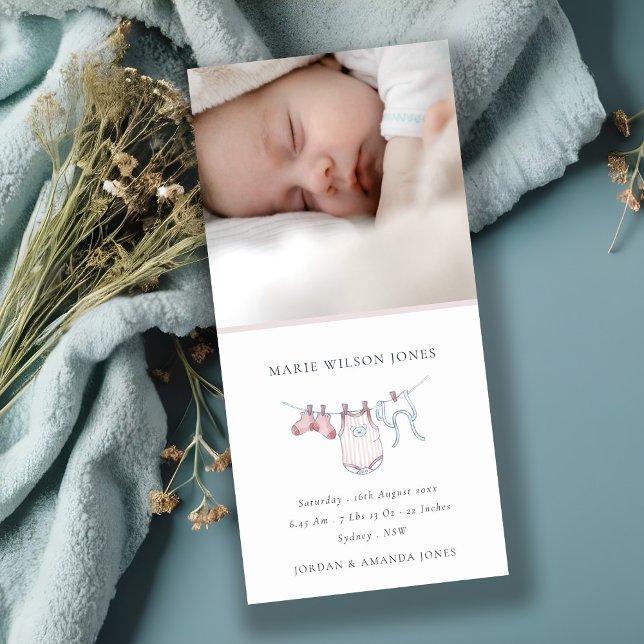 Pink Clothesline Photo Baby Birth Announcement  (Creator Uploaded)