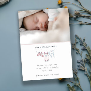 Pink Clothesline Photo Baby Birth Announcement 