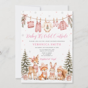 Pink Clothesline Winter Woodland Baby Shower Snow Invitation