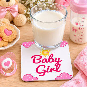 pink cloud baby girl shower square paper coaster