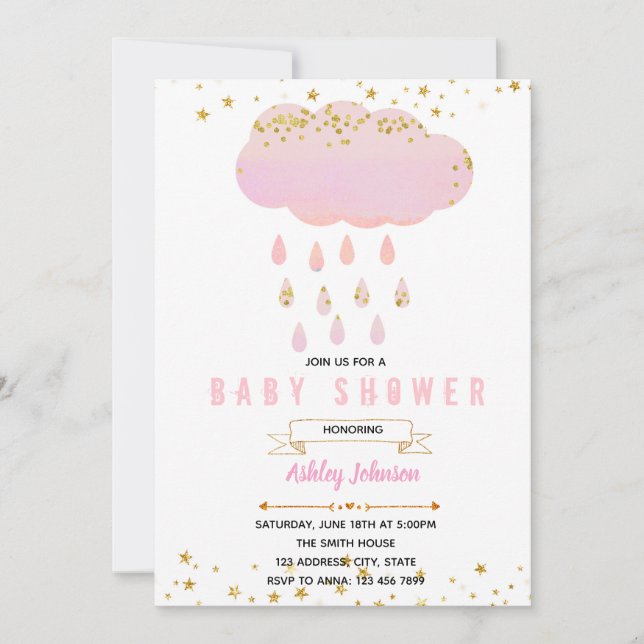 Pink cloud baby shower invitation (Front)