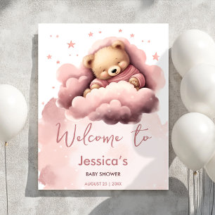 Pink cloud cute bear baby shower welcome poster