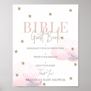 Pink Cloud Gold Star Baby Shower Bible Guest Book