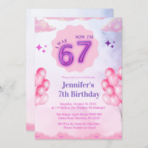 Pink Cloud “I Was 6 Now I’m 7” Girl Birthday Invitation