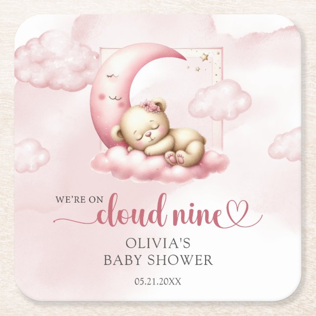 Pink cloud nine teddy bear girl baby shower square paper coaster (Front)