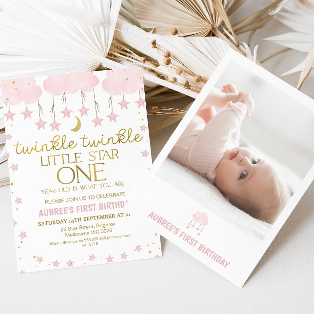 Pink Cloud Photo Twinkle Twinkle Star 1st Birthday Invitation (Pink and gold winkle twinkle little star first birthday invitation featuring a photo on the back.)