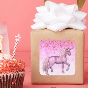 Pink Clouds and Gold Stars Unicorn Square Sticker