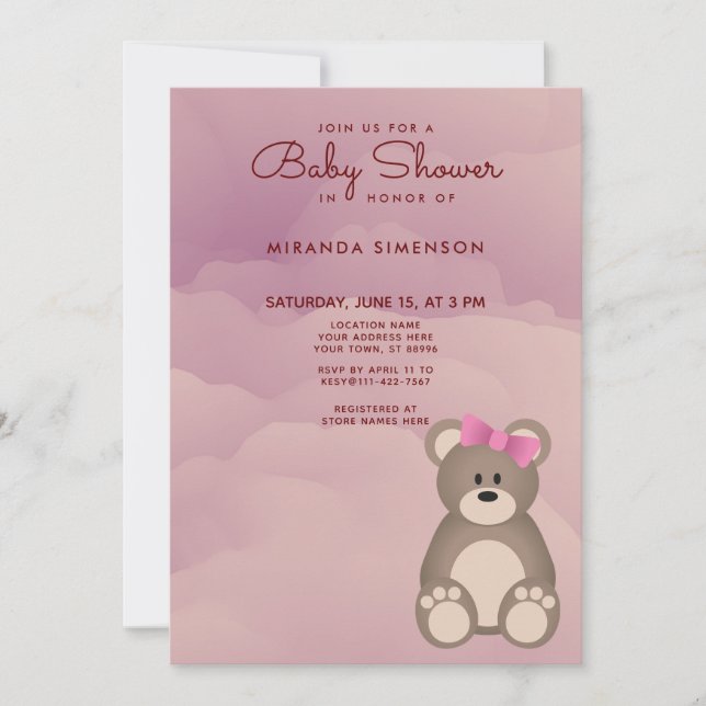 Pink Clouds Cute Teddy Bear Baby Shower Invitation (Front)
