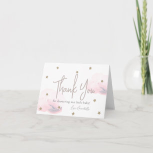Pink Clouds & Gold Stars Watercolor Baby Shower Thank You Card