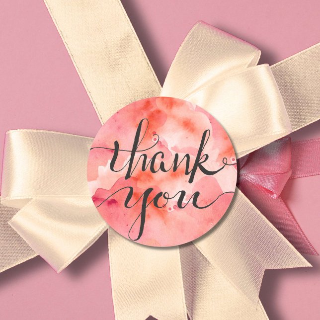 Pink Clouds of Gratitude Classic Round Sticker (Peachy watercolor with inked calligraphy "thank you". Artistic with trendy color.)