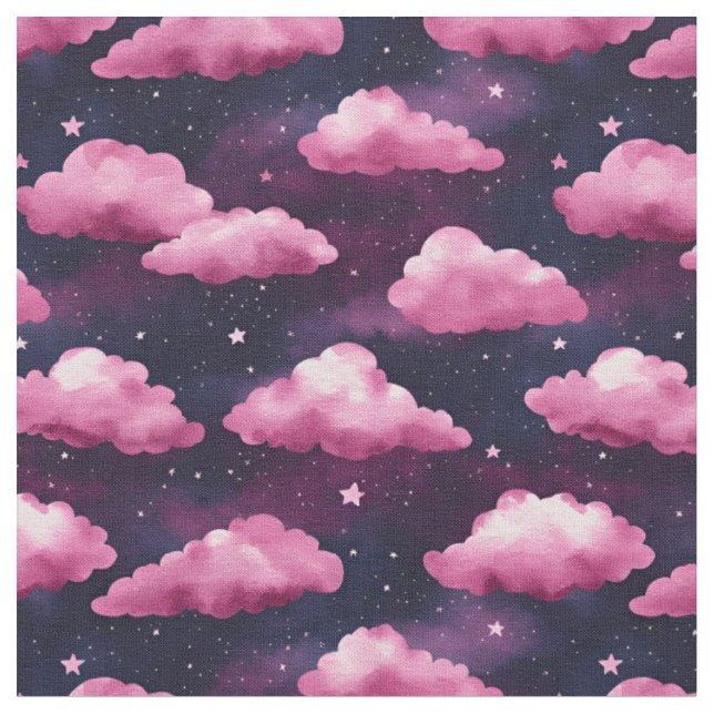Pink Clouds & Stars on a Dark Purple Fabric (Close Up)
