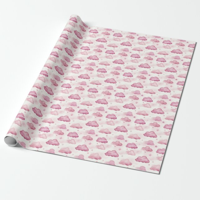 Pink Clouds & Stars on Ivory Wrapping Paper (Unrolled)