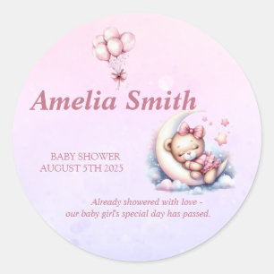 Pink Clouds Stars Teddy Bear on Moon Baby Shower Classic Round Sticker