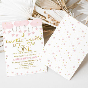 Pink Clouds Twinkle Twinkle Star 1st Birthday Invitation