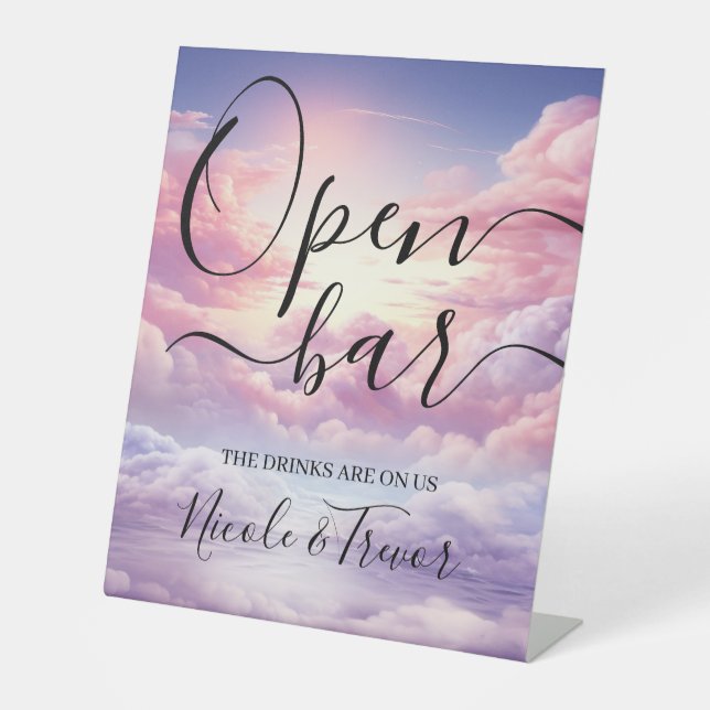 Pink Clouds Wedding Open Bar Pedestal Sign (Front)