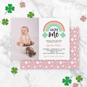 Pink Clover & Rainbow Lucky One Photo 1st Birthday Invitation