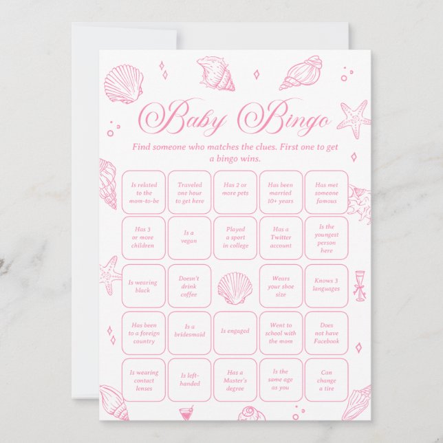 Pink Coastal Baby Shower Find the Guest Bingo Game Invitation (Front)