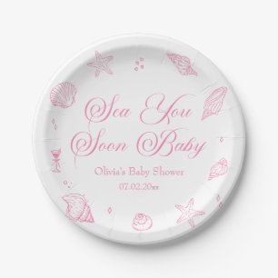 Pink Coastal Baby Shower Sea You Soon Baby Paper Plate