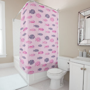 Pink Coastal Blue & Pink Fish Pattern Shower Curta Curtain