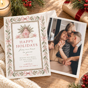 Pink Coastal Botanical Pine Garland Family Photo Holiday Card