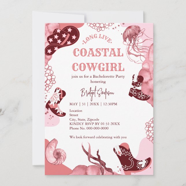 pink coastal cowgirl bachelorette party invitation (Front)