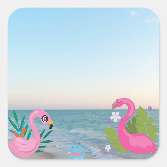 Pink Coastal Flamingos with Tropical Shore  Square Sticker (Front)