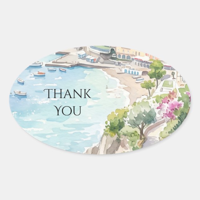 Pink Coastal Floral Thank You Oval Sticker (Front)