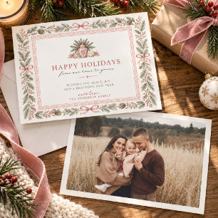 Pink Coastal Grandmillennial Botanical Bow Photo Holiday Card