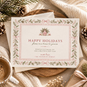 Pink Coastal Grandmillennial Botanical Watercolor Holiday Card