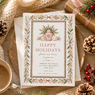 Pink Coastal Grandmillennial Botanical Watercolor Holiday Card