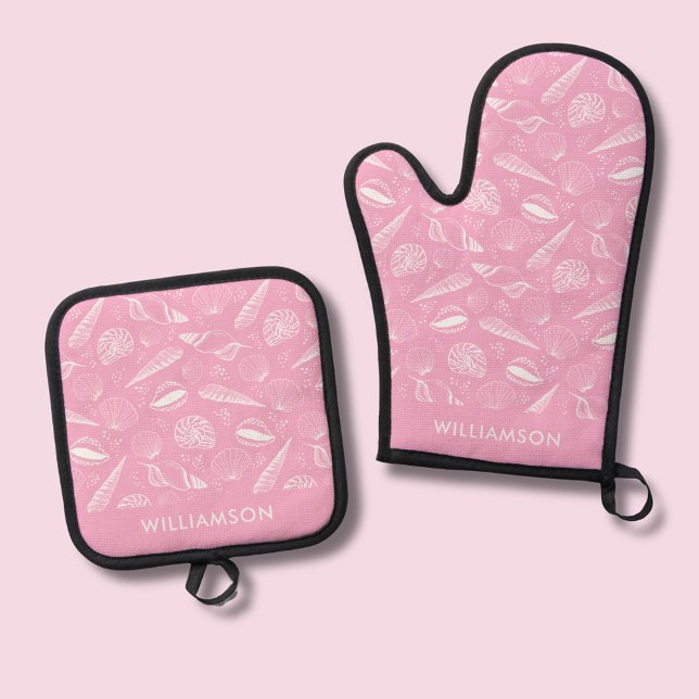 Pink Coastal Seashell pattern Oven Mitt & Pot Holder Set (Pink seashell coastal chic oven gloves and mitt.  Matching homeware available.)