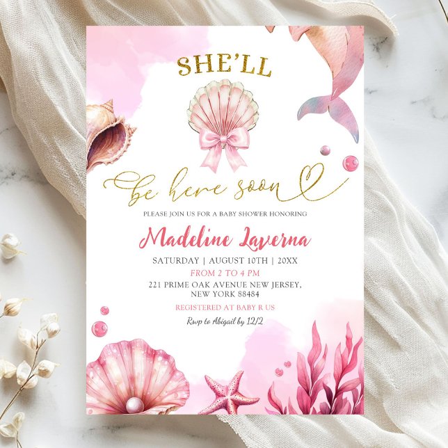 Pink Coastal She'll Be Here Soon Baby Shower Invitation (Creator Uploaded)