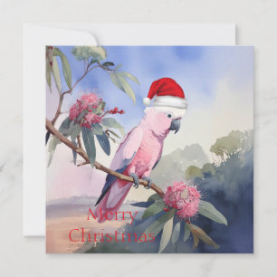 Pink Cockatoo Gala Santa Hat Merry Christmas Holiday Card
