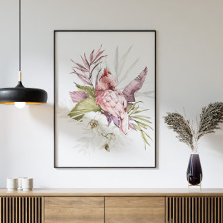 Pink Cockatoo Parrot Watercolor Art Poster