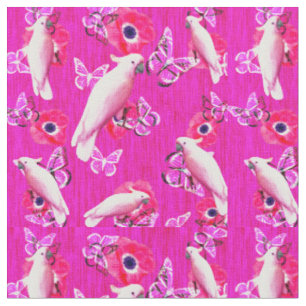 Pink Cockatoos Poppies And Butterflies Pattern, Fabric