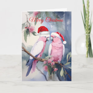Pink Cockatoos Santa Hat Merry Christmas Holiday Card