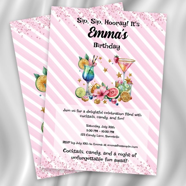 Pink Cocktail Candy Glitter Birthday Invitation (Creator Uploaded)