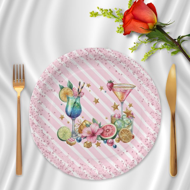 Pink Cocktail Candy Glitter Birthday Paper Plate (Creator Uploaded)